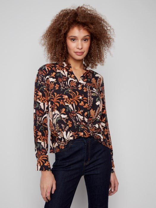 Printed Satin Button-Down Shirt With Twisted Front - Batik Blouses Charlie B