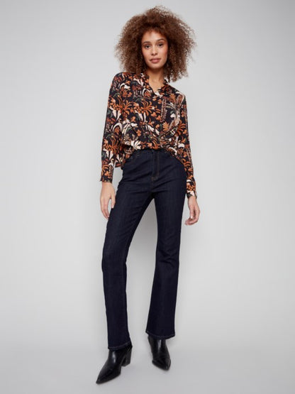 Printed Satin Button-Down Shirt With Twisted Front - Batik Blouses Charlie B