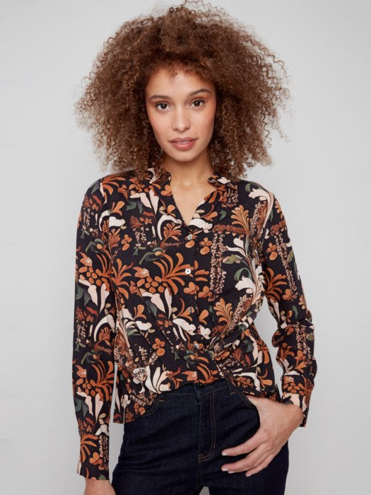 Printed Satin Button-Down Shirt With Twisted Front - Batik Blouses Charlie B