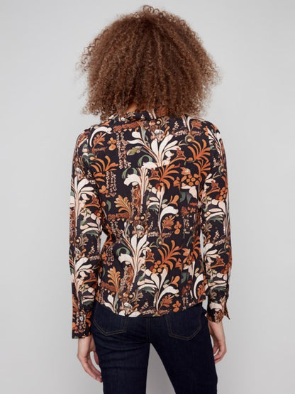 Printed Satin Button-Down Shirt With Twisted Front - Batik Blouses Charlie B