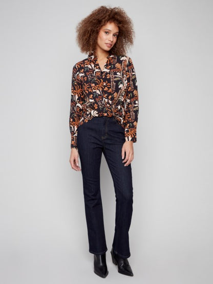 Printed Satin Button-Down Shirt With Twisted Front - Batik Blouses Charlie B