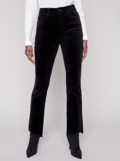 Bootcut Corduroy Pants with Asymmetrical Fringed Hem - Black Jeans Charlie B   