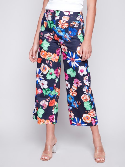 Printed Wide Leg Pant With Patch Pockets - Gardenia Pants Charlie B   