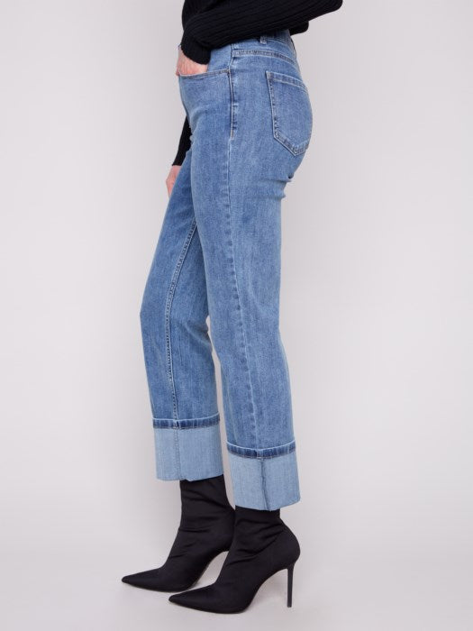 Wide Cuff Straight Leg Stretch Denim Pants - Medium Blue Pants Charlie B