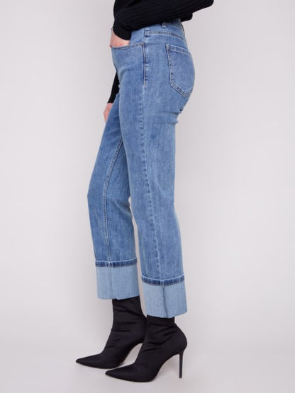 Wide Cuff Straight Leg Stretch Denim Pants - Medium Blue Pants Charlie B