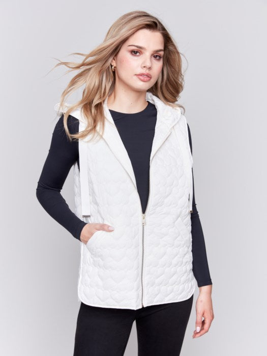 Short Quilted Vest with Hoodie - Ecru White Vests Charlie B   