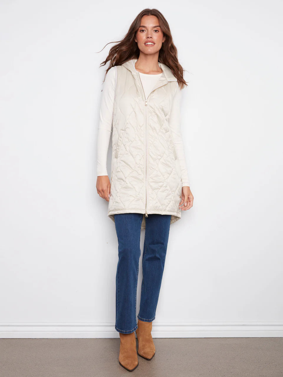 Pearlized Long Hooded Vest - Champagne VESTS Charlie B