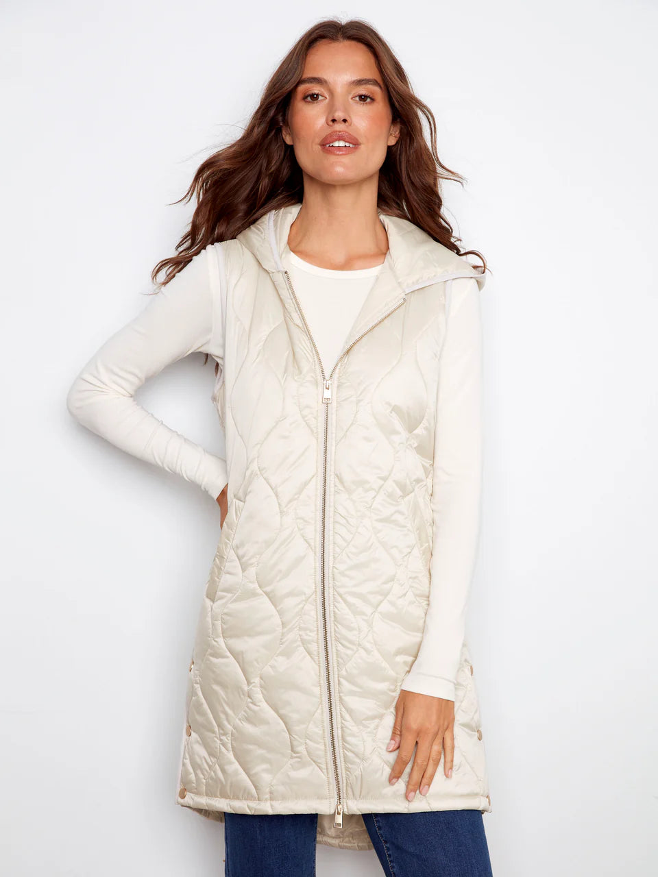 Pearlized Long Hooded Vest - Champagne VESTS Charlie B