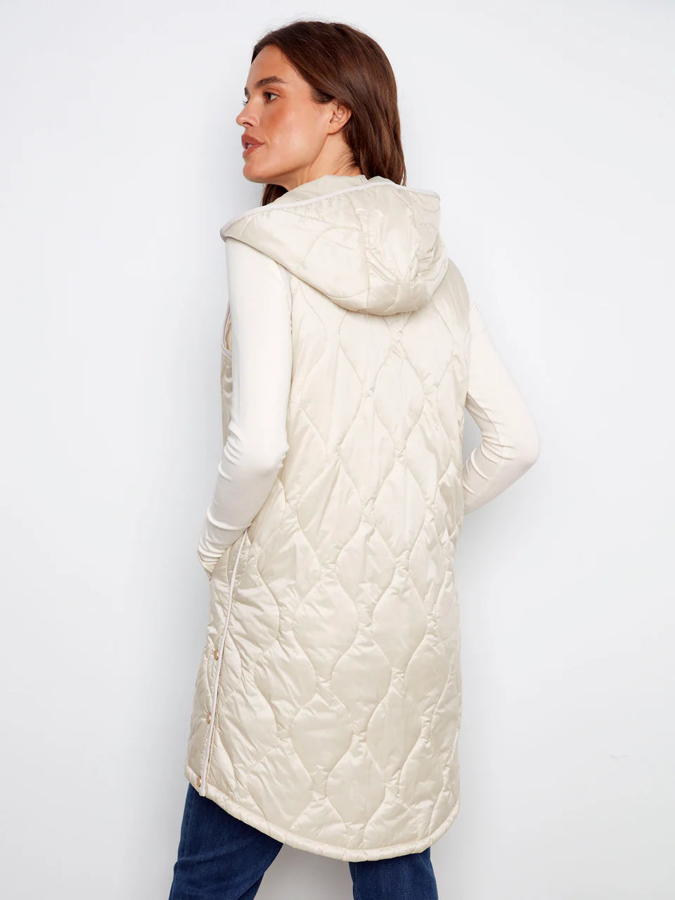 Pearlized Long Hooded Vest - Champagne VESTS Charlie B