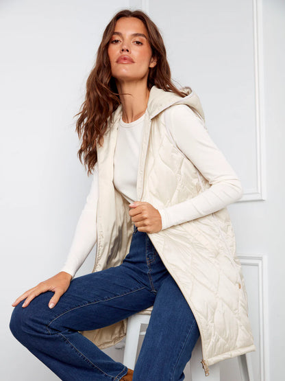 Pearlized Long Hooded Vest - Champagne VESTS Charlie B