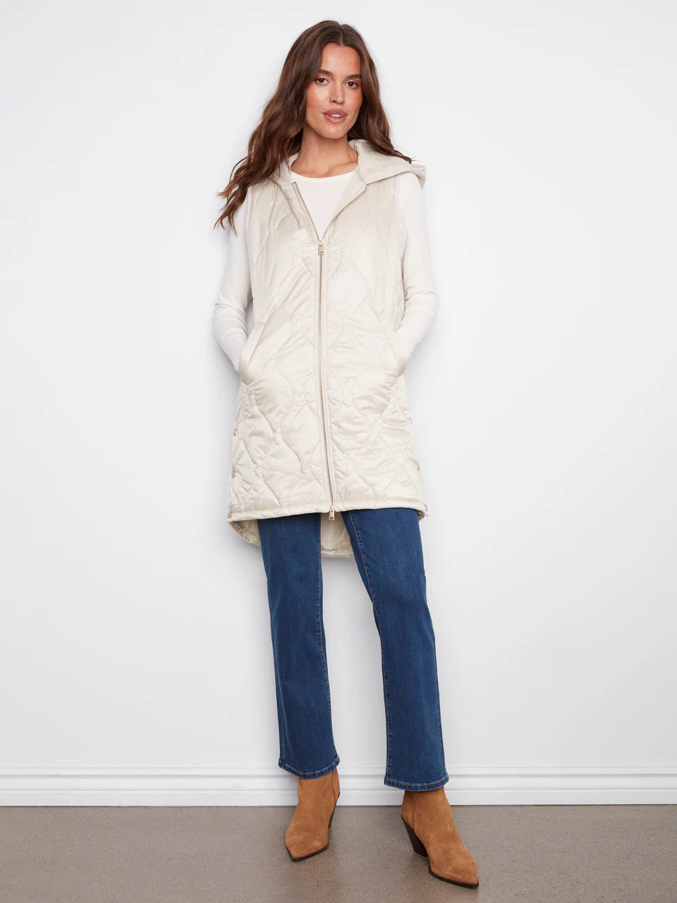 Pearlized Long Hooded Vest - Champagne VESTS Charlie B