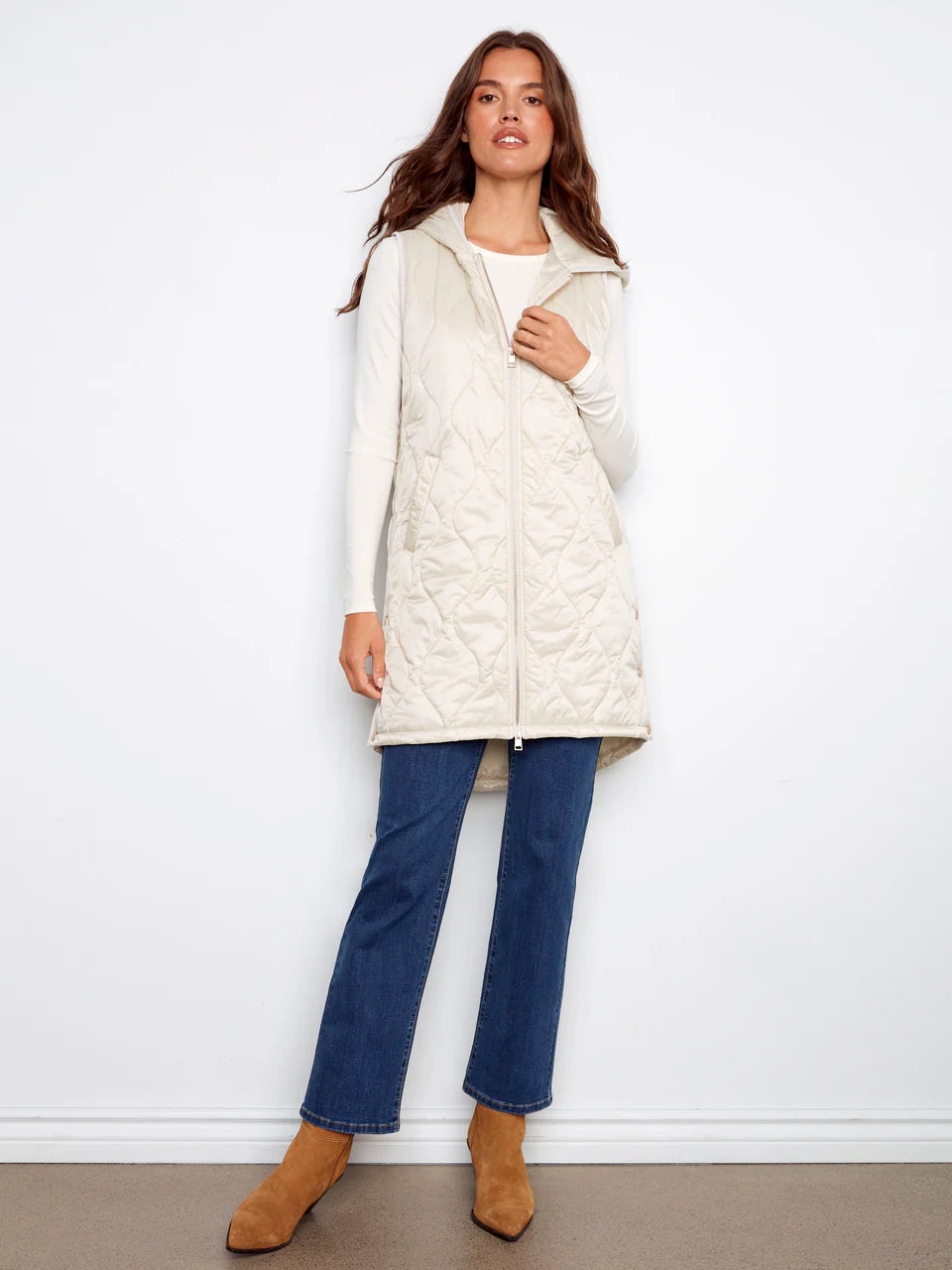 Pearlized Long Hooded Vest - Champagne VESTS Charlie B