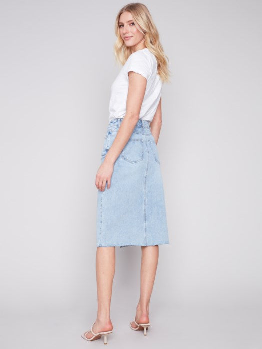 Denim Midi Skirt with Frayed Hem Midi Skirt Charlie B   