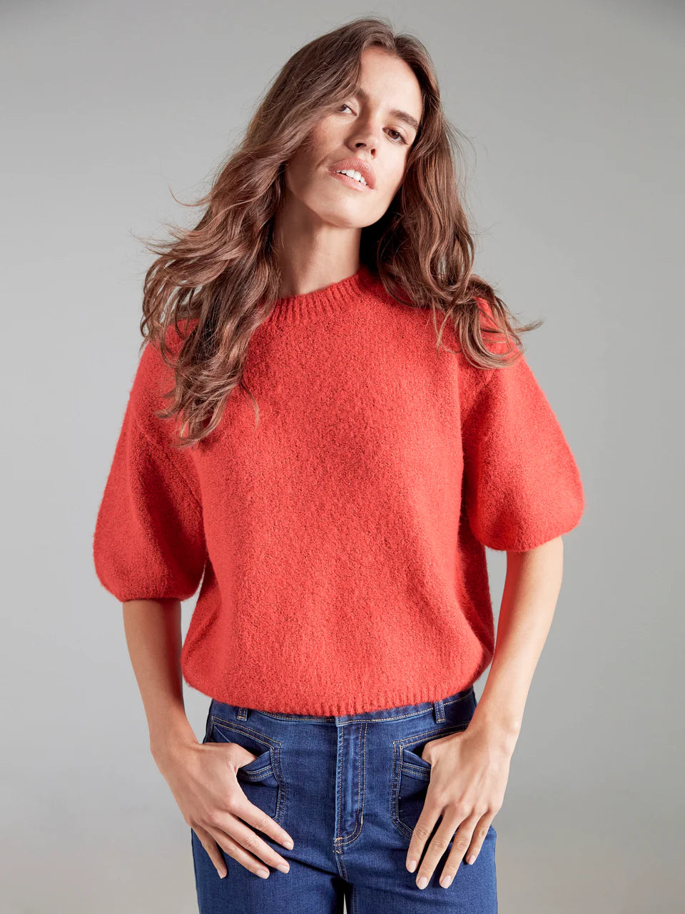 Balloon Elbow Sleeve Knit Sweater - Crimson TOP Charlie B