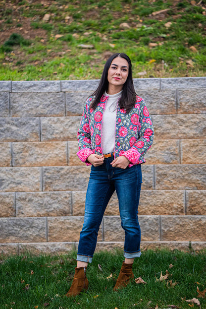 Reversible Quilted Jacket - Pink Flower Art Jackets All in the Detail   