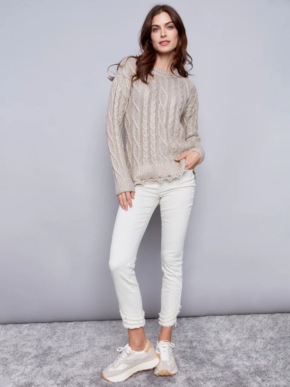 Metallic Cable Knit Sweater - Champagne Sweaters Charlie B   