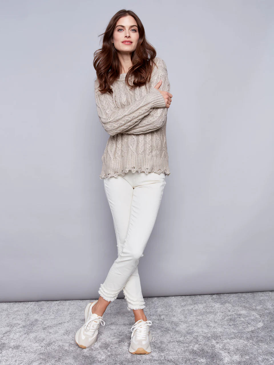 Metallic Cable Knit Sweater - Champagne Sweaters Charlie B   