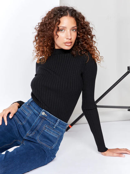 Mock Neck Ribbed Fine Sweater Knit - Black Sweaters Charlie B   