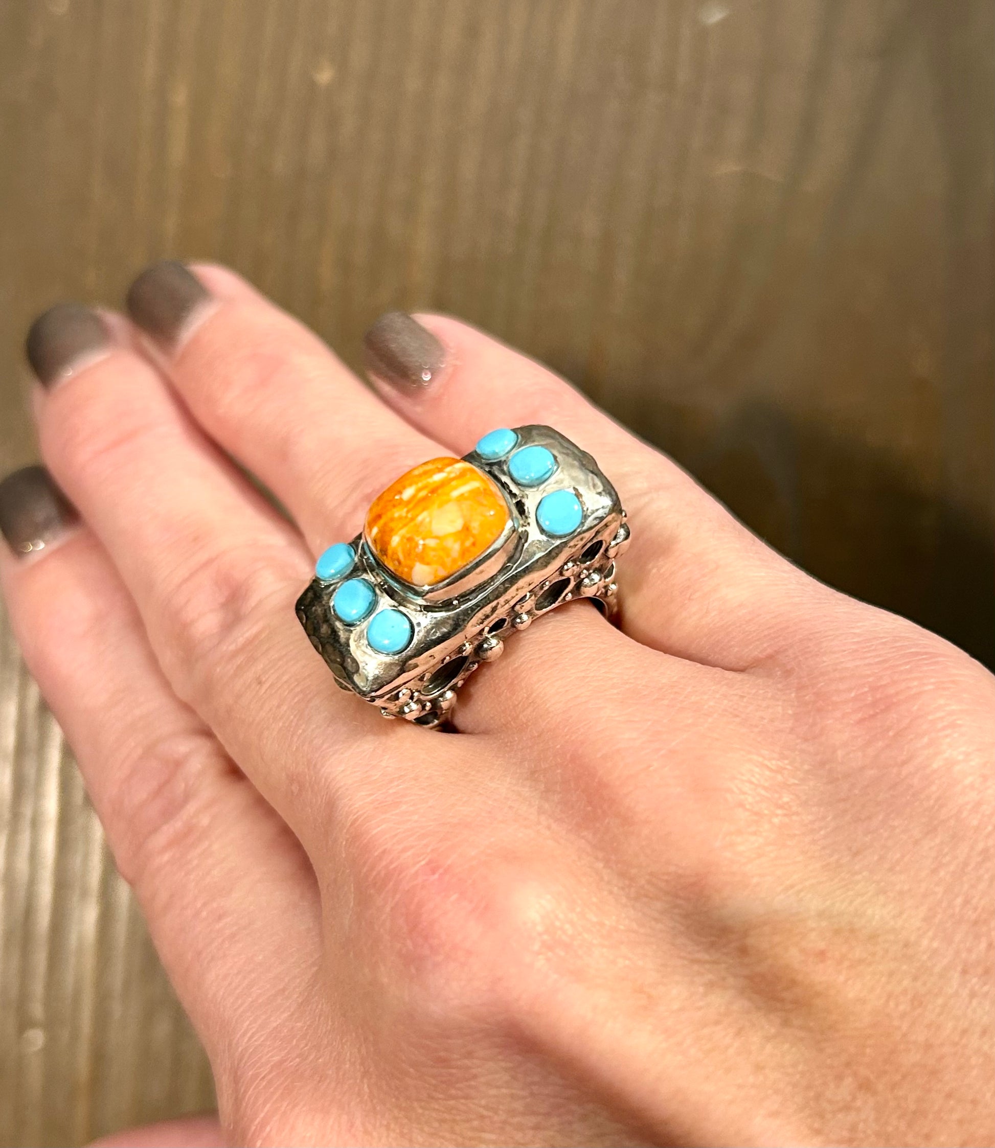 Sterling with Spiney Oyster and Turquoise Dots Ring Rings Dian Malouf
