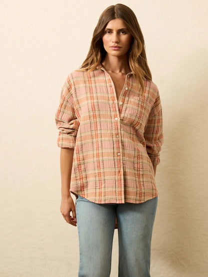 Dune Cotton Gauze Relaxed Shirt - Tinted Rose Water Plaid Cotton Tops Faherty Brand