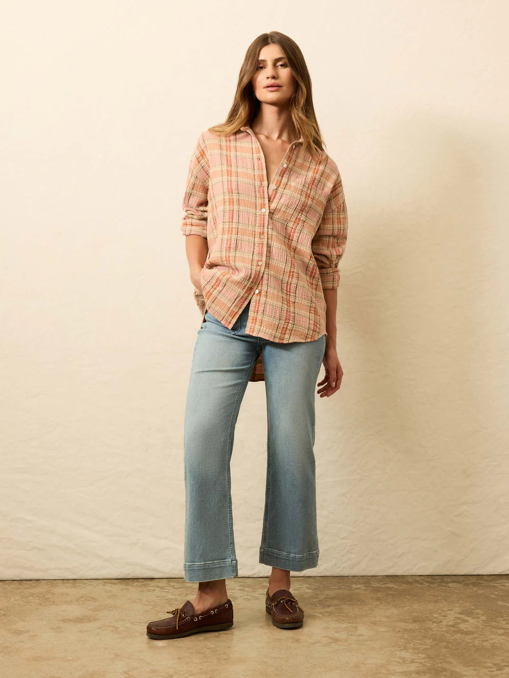 Dune Cotton Gauze Relaxed Shirt - Tinted Rose Water Plaid Cotton Tops Faherty Brand