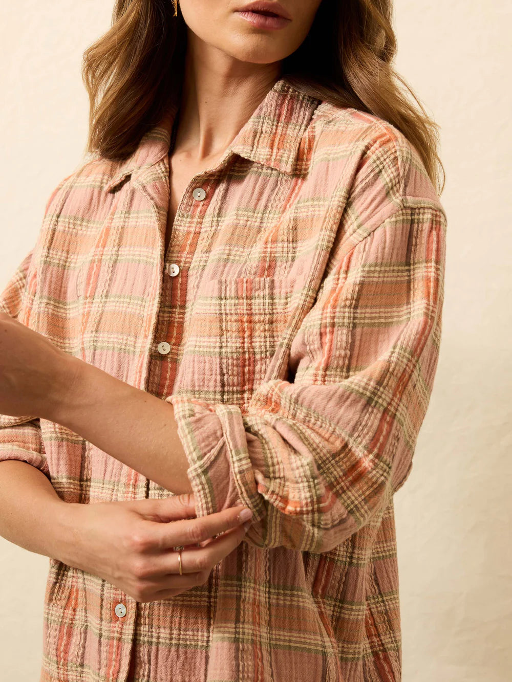 Dune Cotton Gauze Relaxed Shirt - Tinted Rose Water Plaid Cotton Tops Faherty Brand