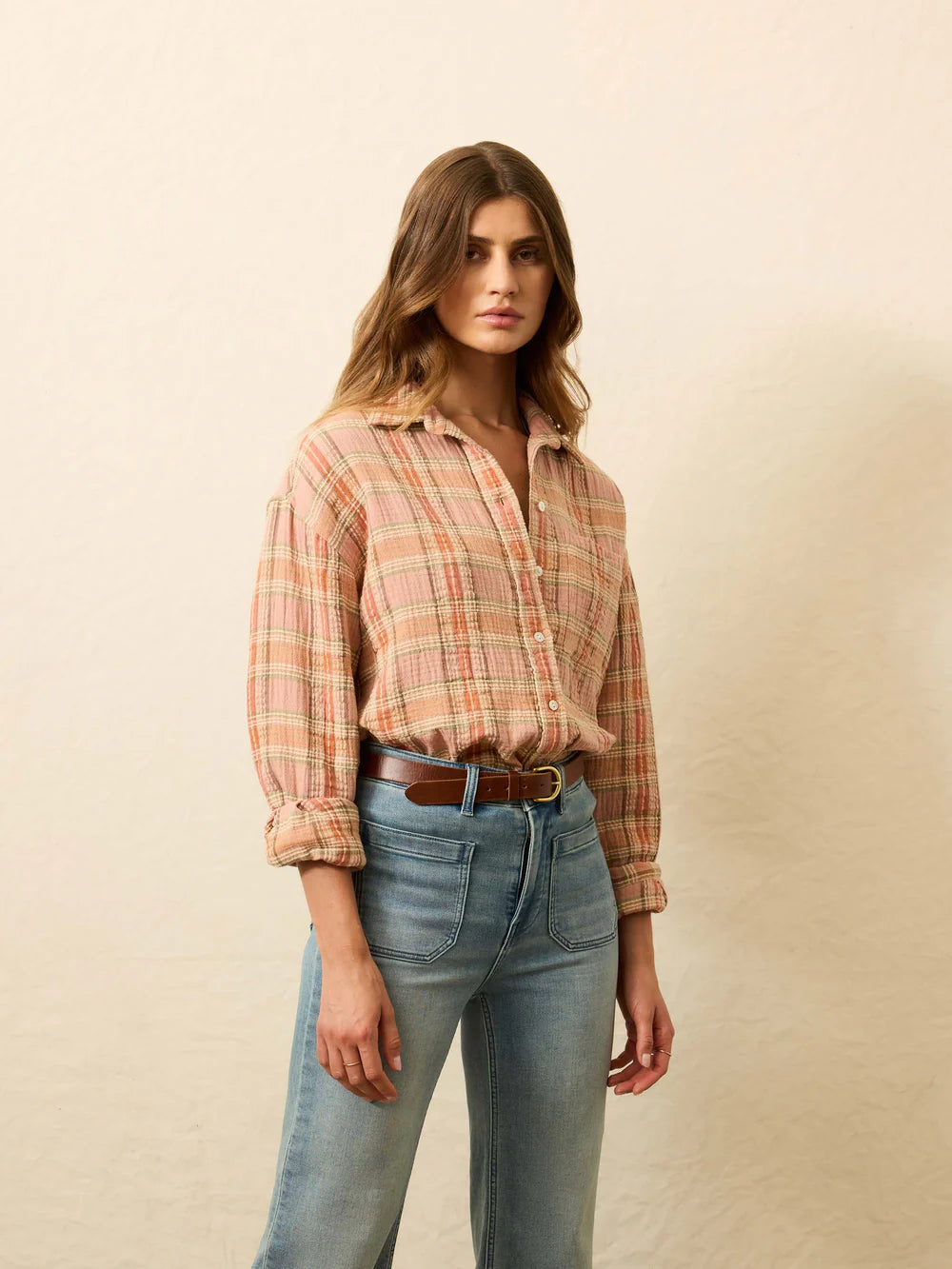 Dune Cotton Gauze Relaxed Shirt - Tinted Rose Water Plaid Cotton Tops Faherty Brand