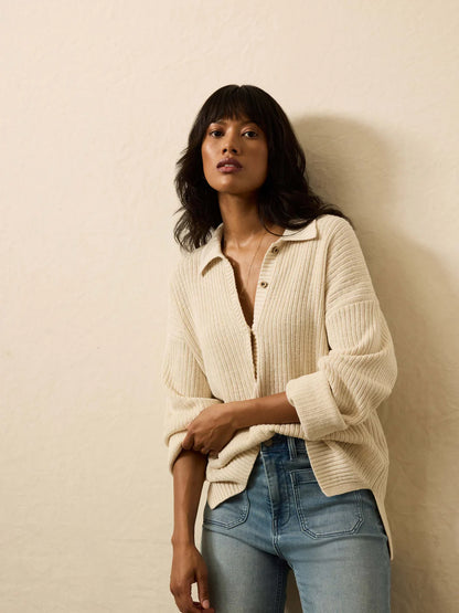 Miramar Linen Relaxed Polo Cardigan - Summer Sand TOP Faherty Brand
