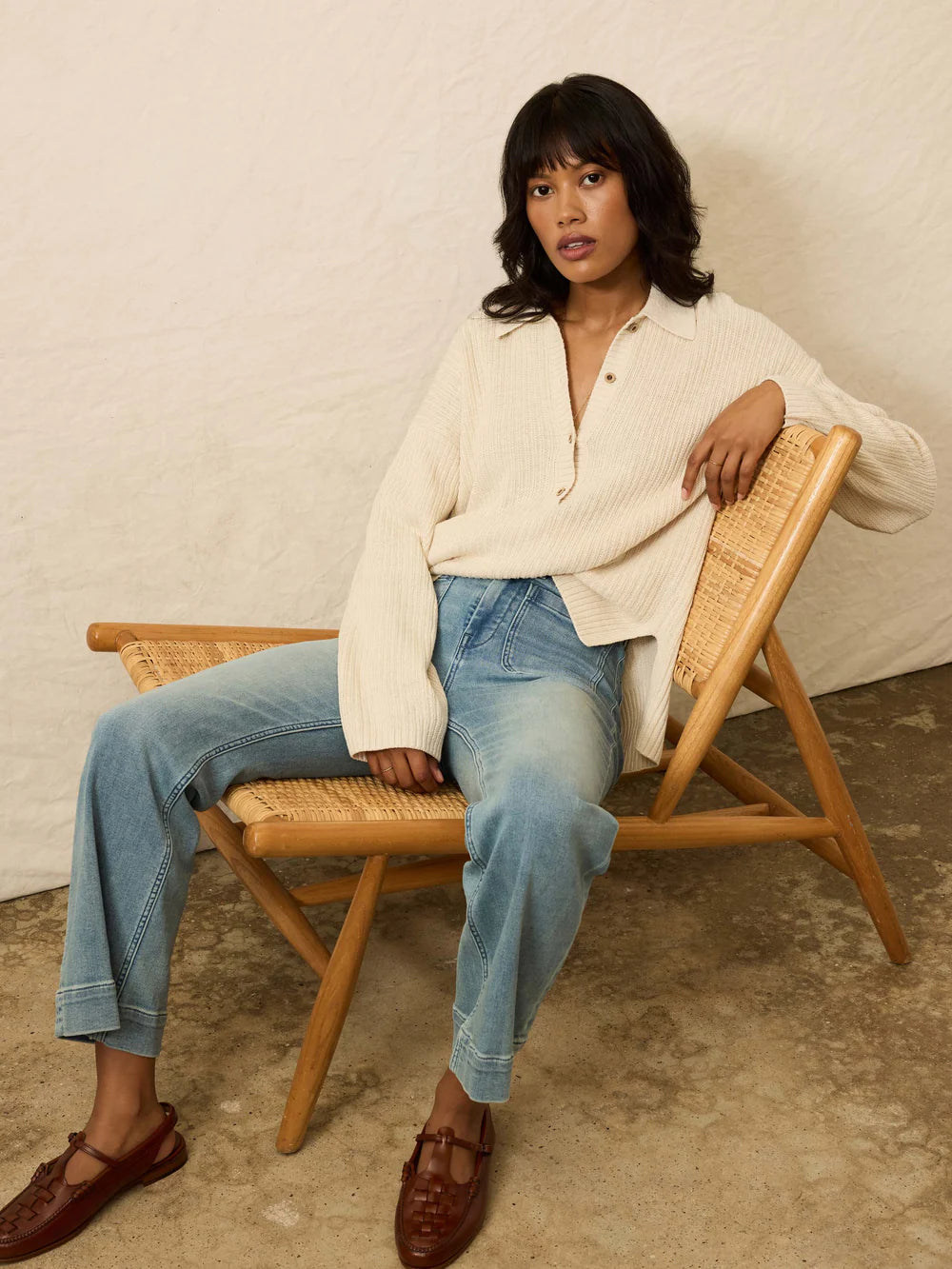 Miramar Linen Relaxed Polo Cardigan - Summer Sand TOP Faherty Brand