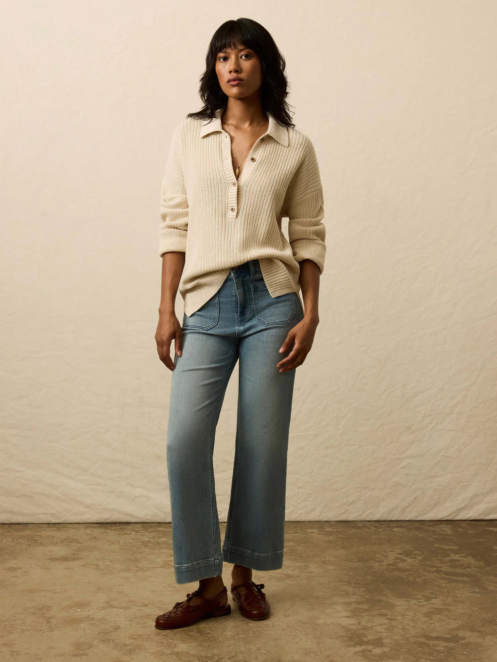 Miramar Linen Relaxed Polo Cardigan - Summer Sand TOP Faherty Brand