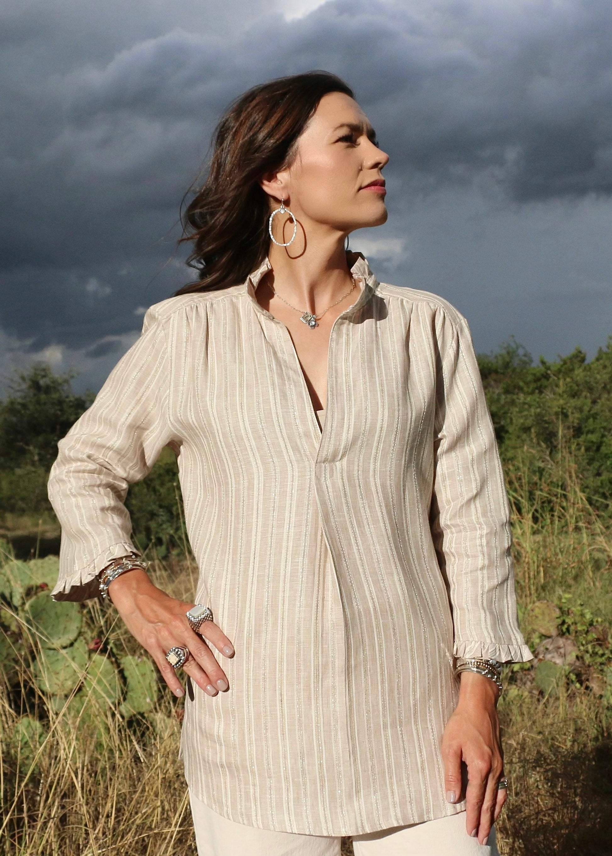 Ruffle Collar Shirt - Lurex Gold Stripe M / Single Word (Put in notes at checkout) / Above Right Front Pocket Ruffle Collar Shirt - Lurex Gold Stripe M / Single Word (Put in notes at checkout) / Above Right Front Pocket