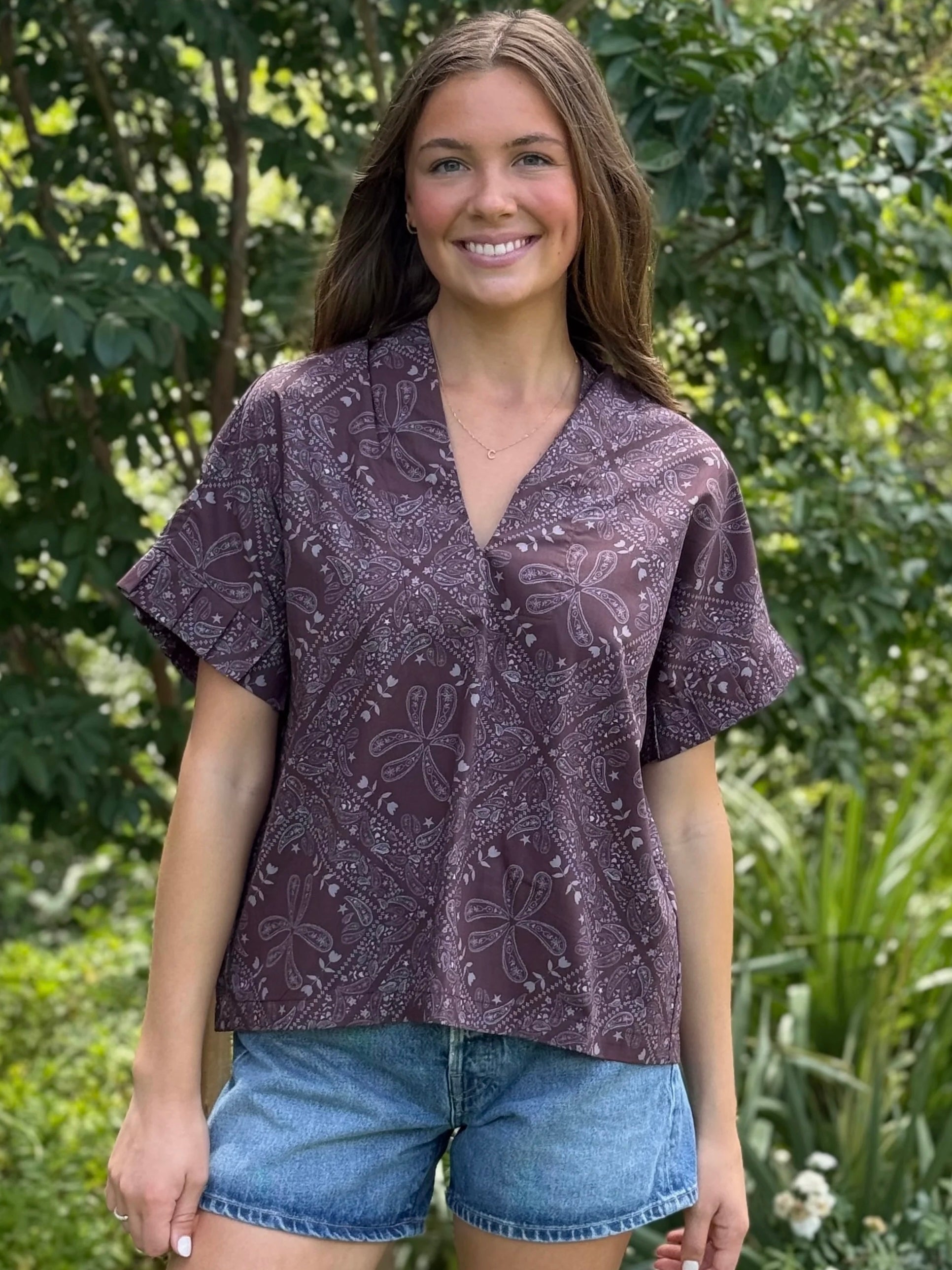 Pleated Sleeve Top - Brown Burgundy Bandana TOP BROOKE WRIGHT