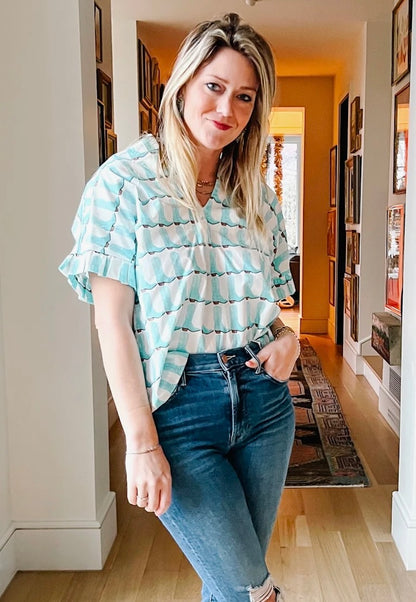 Pleated Sleeve Top - Turquoise Boots TOP BROOKE WRIGHT