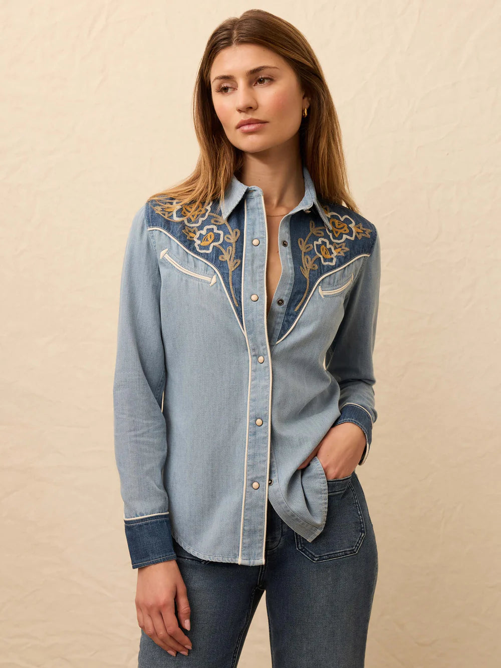 Embroidered Denim Western Shirt - Outpost Blue Wash TOP Faherty Brand