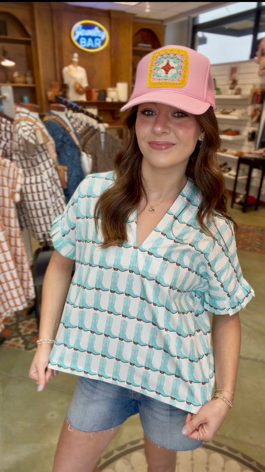Pleated Sleeve Top - Turquoise Boots TOP BROOKE WRIGHT