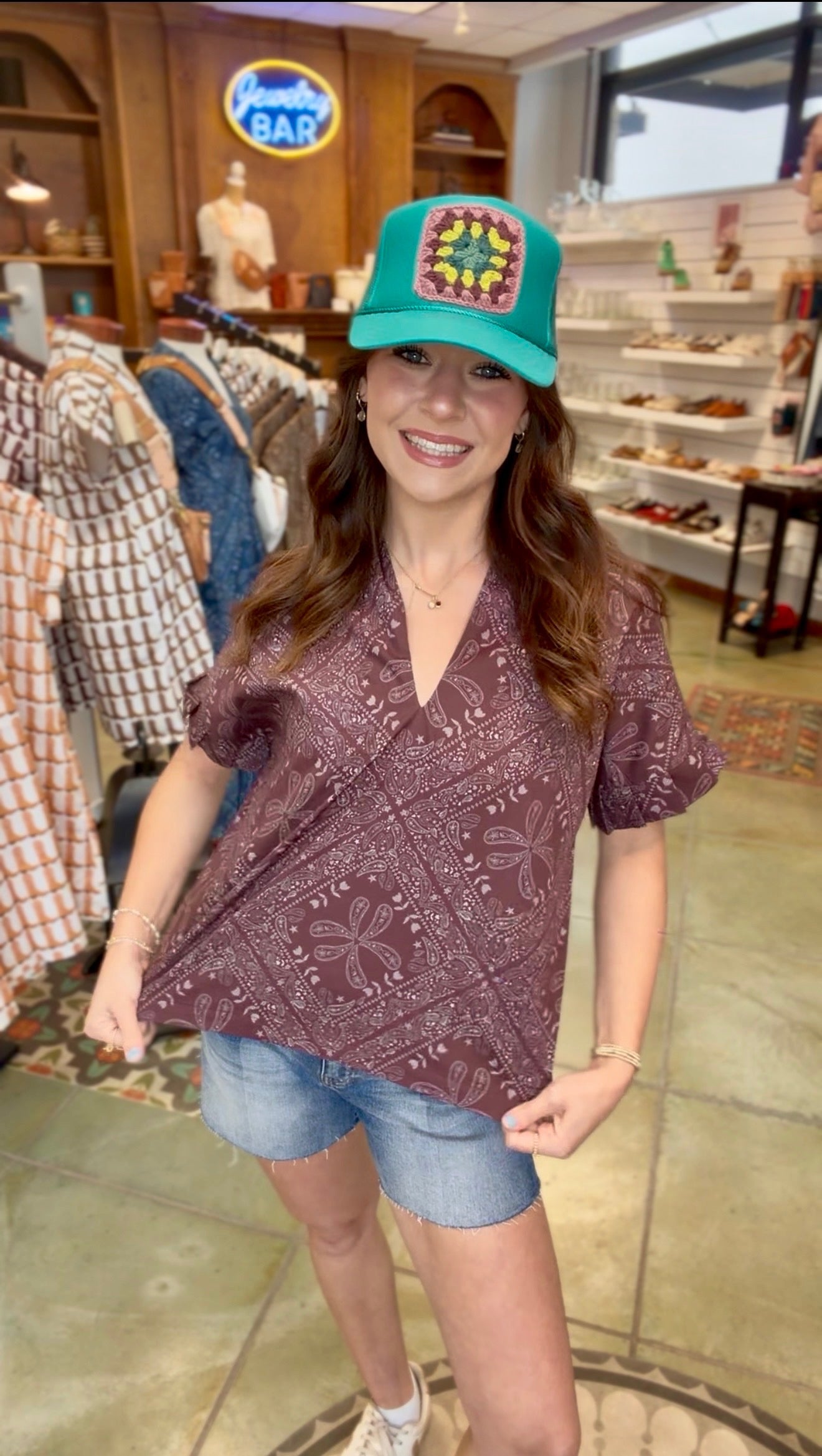 Pleated Sleeve Top - Brown Burgundy Bandana TOP BROOKE WRIGHT