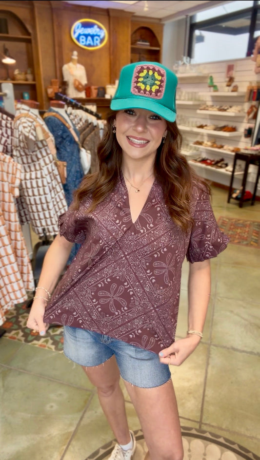 Pleated Sleeve Top - Brown Burgundy Bandana TOP BROOKE WRIGHT