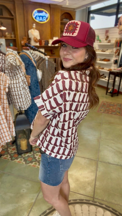 Pleated Sleeve Top - Maroon Boots TOP BROOKE WRIGHT