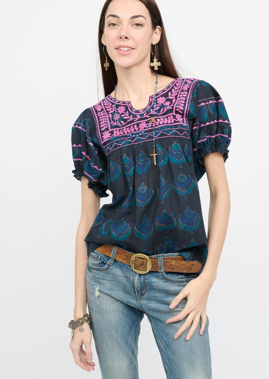 Patsy Top - Blue Floral with Lilac Embroidery Top Ivy Jane