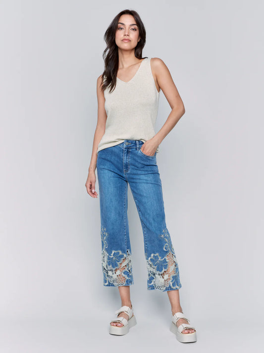 Crop Flare Leg Jeans with Laser Cut Lace Hem - Medium Blue Jeans Charlie B