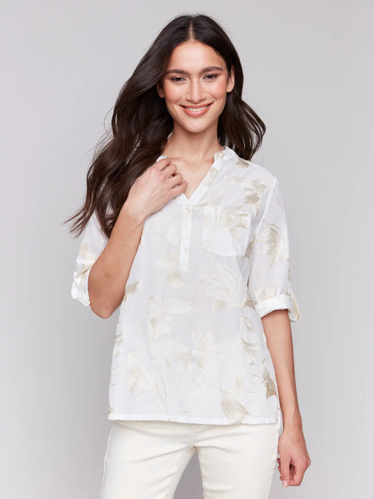 Embroidered Roll Up Sleeve Blouse - Gold TOP Charlie B