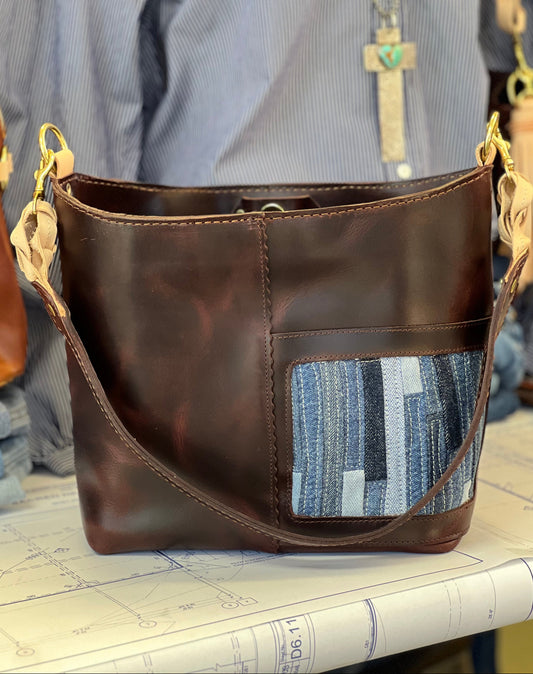 Blue Collar Scout Handbag - Pecan/Denim Stripe HANDBAGS Indigo Laine