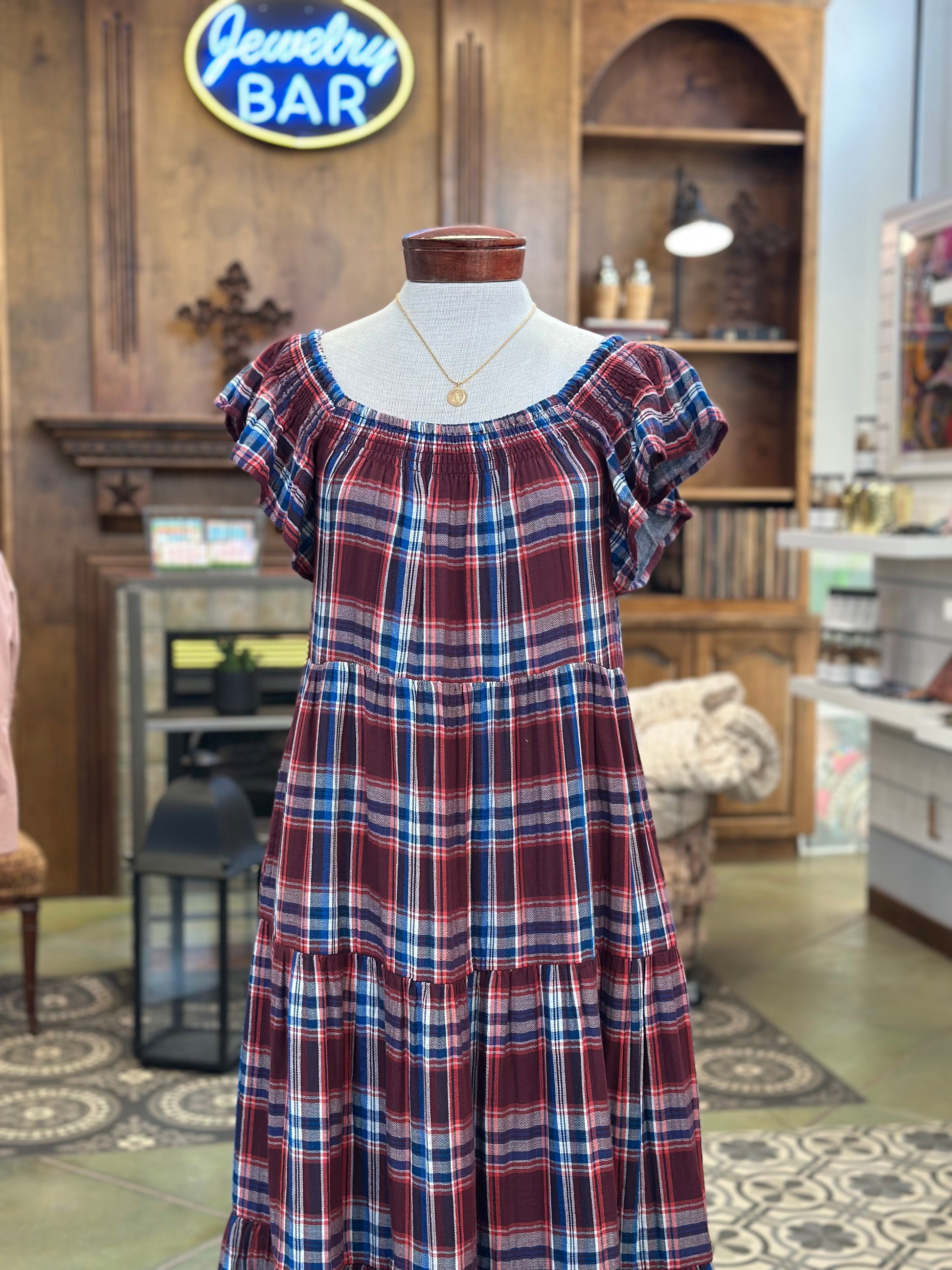 Burgundy and Blue Plaid Maxi Dress Dress Trends & Traditions Boutique