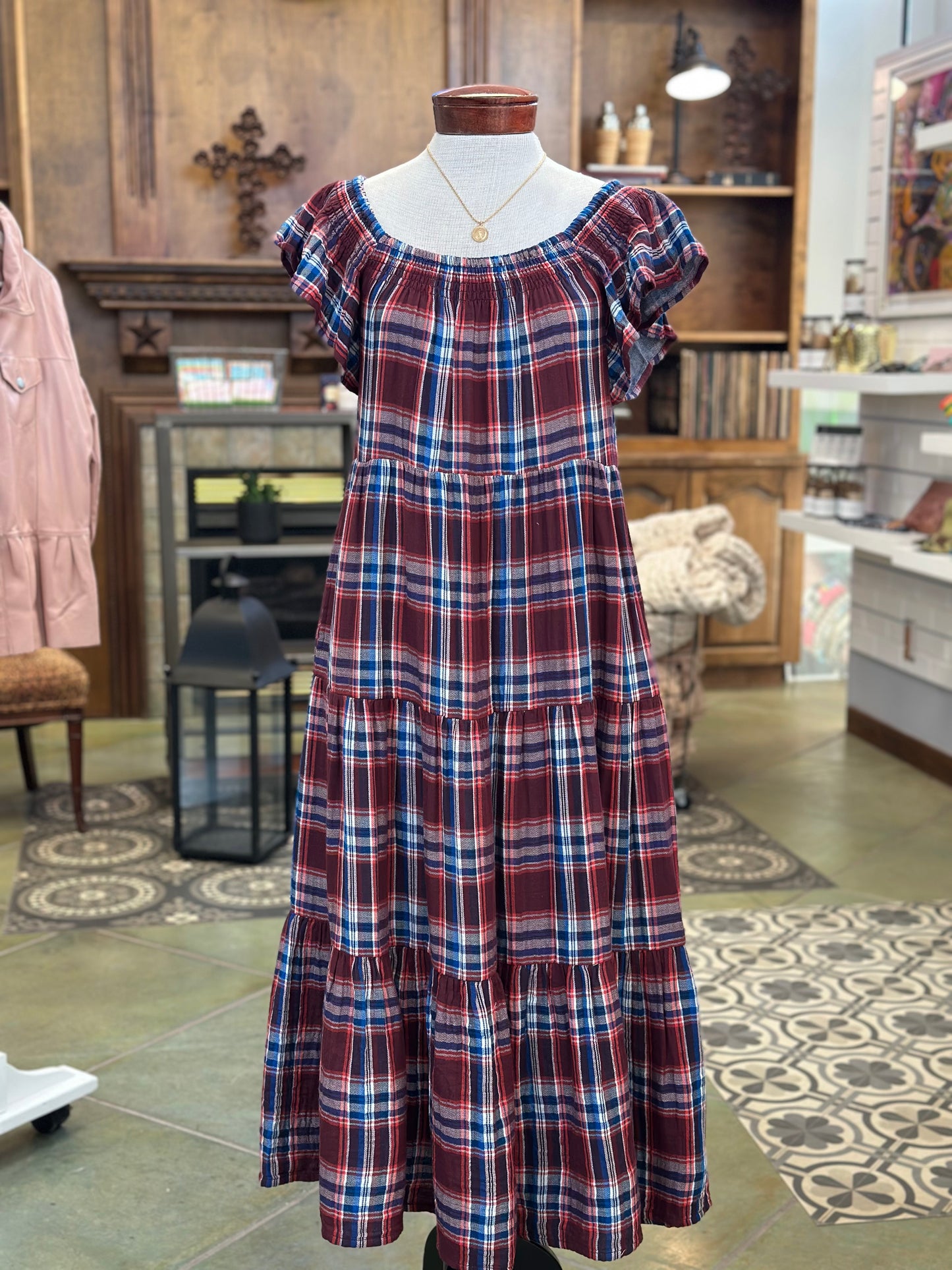 Burgundy and Blue Plaid Maxi Dress Dress Trends & Traditions Boutique