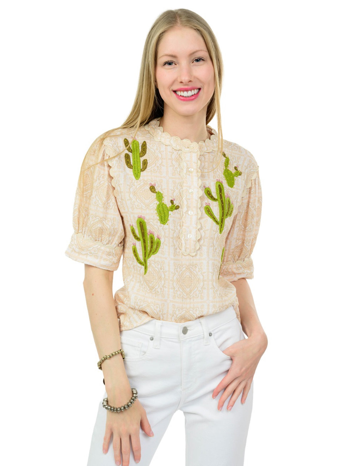 Nopal Tile Cactus Embroidered Top
