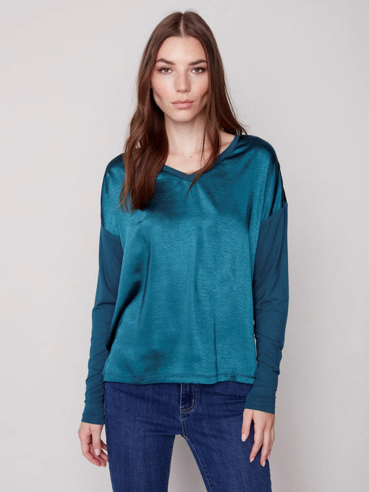 Satin and Jersey Knit Top - Emerald Jacket Charlie B   