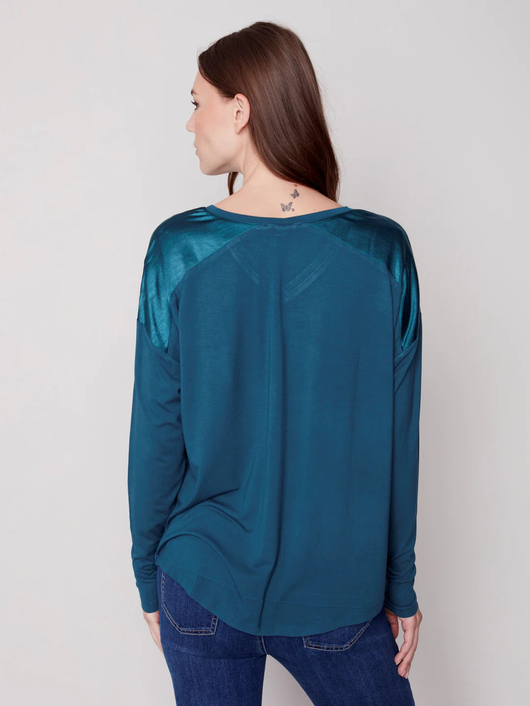 Satin and Jersey Knit Top - Emerald Jacket Charlie B   