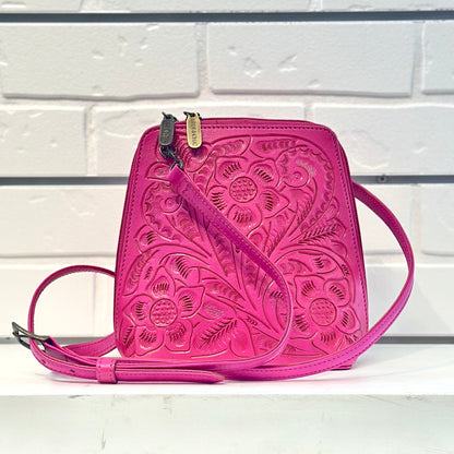 Margarita Hand-Tooled Leather Crossbody - Pink Crossbodies Hide and Chic