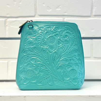 Margarita Hand-Tooled Leather Crossbody - Seafoam Aqua