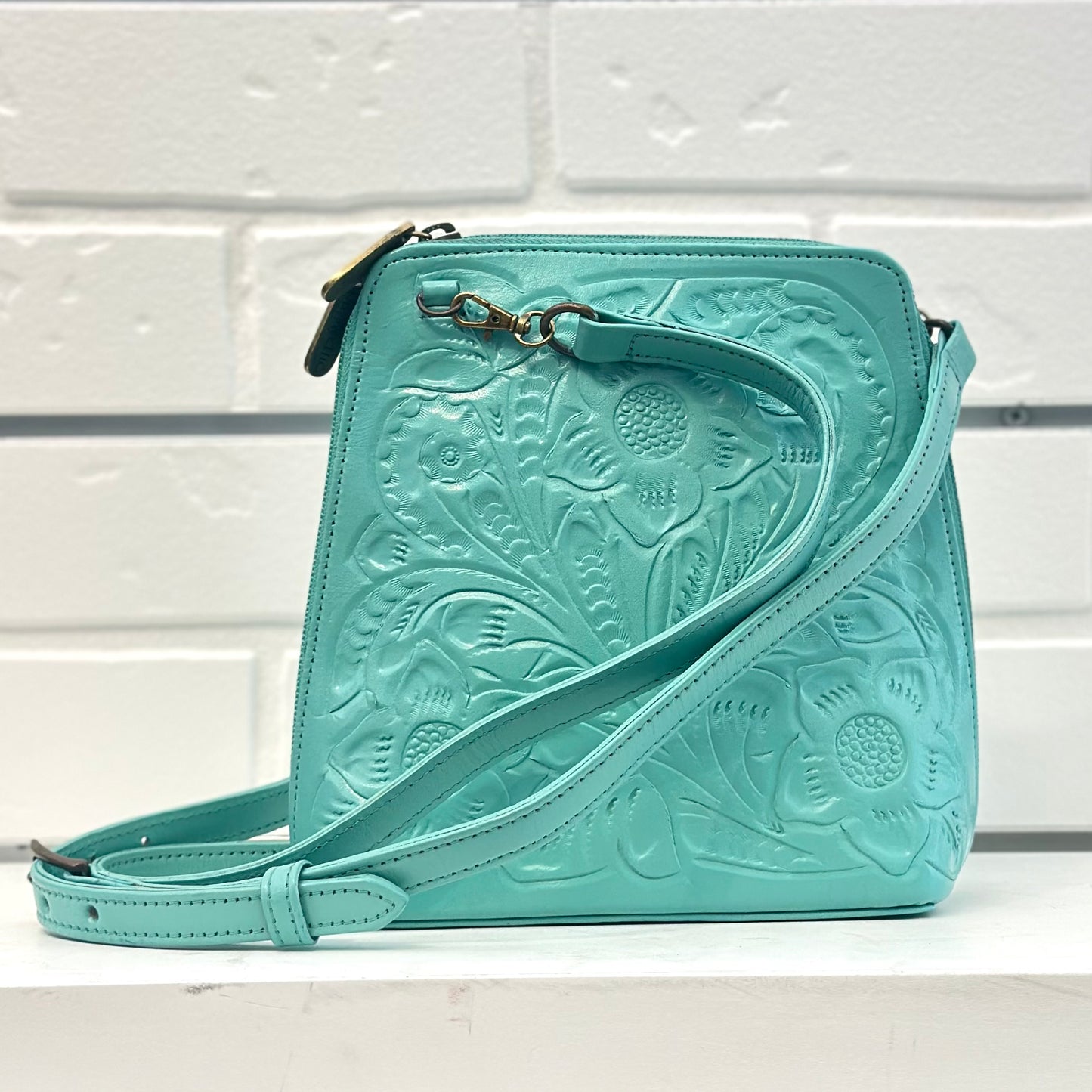 Margarita Hand-Tooled Leather Crossbody - Seafoam Aqua